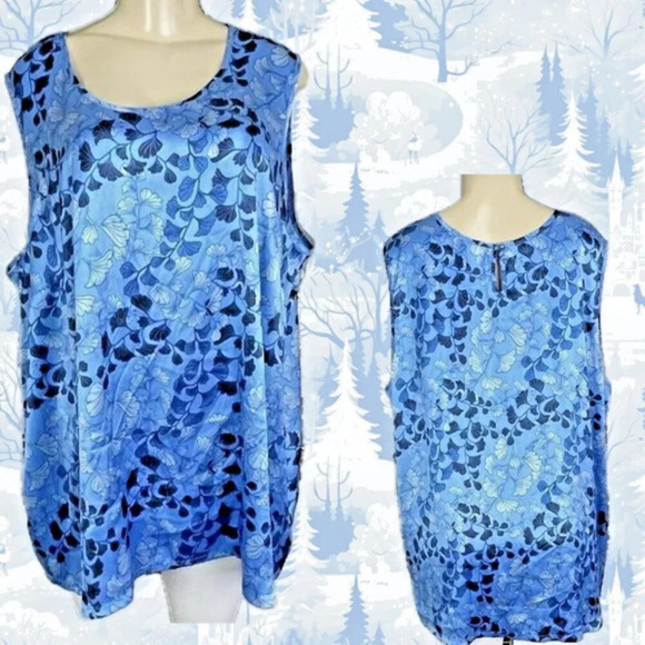 Jessica London Plus 20W-1X Blue Satin Floral Print Scoop Neckline Tank Blouse - Picture 1 of 6
